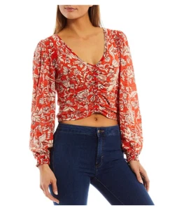 Free People Say The Word Floral Print V-Neck Long Sleeve Red Ruched Top Size S - Picture 1 of 14
