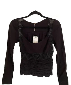 NWT Free People Black Scoop Neck Long Sleeve Top Sz XS Black Fitted Lace $98 - Picture 1 of 6