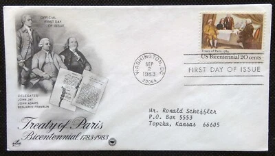 Scott 2052 FDC Signing of Treaty of Paris Adams Franklin Art Craft PCS ADDRESSED - Image 1 of 3