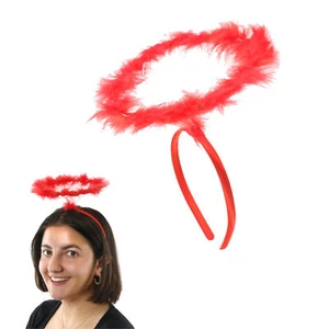 LADIES RED ANGEL HALO MARABOU FEATHER HEADBAND FANCY DRESS ACCESSORY HALLOWEEN - Picture 1 of 10