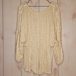 FREE PEOPLE Top XS Avorio Oro Paillettes Raglan Manica Lunga Boho Festival Fata - Foto 1 di 11