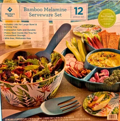 Member's Mark Melamine Serveware Set, 12 Pieces, BPA-Free Teal & Tropical Print - Image 1 of 4