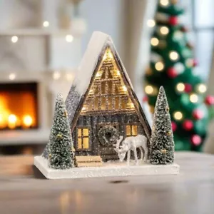Ragon House Christmas Putz Style Light Up 8.75” Snowy A Frame Cabin w/ Deer - Picture 1 of 5