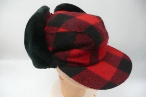 Vtg BUFFALO Plaid Red Black Wool 50s Hunting Hat Cap Flaux fur Flaps - Picture 1 of 11
