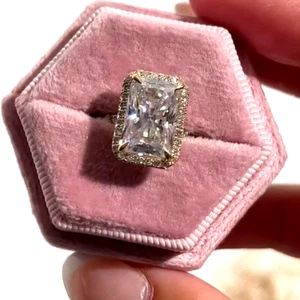 4.38 TCW Radiant Cut Moissanite Halo Engagement Ring In Solid 14K Yellow Gold - Picture 1 of 8