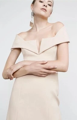 NUEVO CON ETIQUETAS VESTIDO LÁPIZ BCBG MAXAZRIA MARQUESA DE HOMBRO CON ABERTURA FRONTAL TALLA 12 Foto 1 de 4