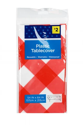 Classic Red & White Gingham Plastic Table Cover 54" x 84" Reusable Washable New - Image 1 of 4