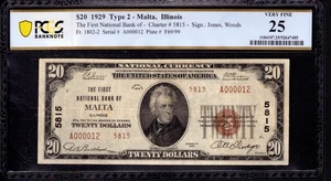 1929 T2 20 $ ERSTE NATIONALE BANKNOTE SERIE #12 MALTA ILLINOIS PCGS B SS 25 - Bild 1 von 4