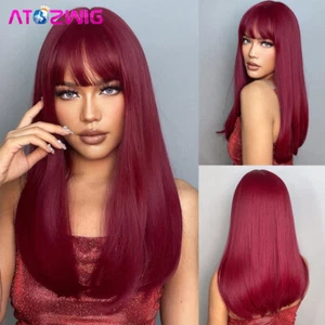 Long Wine Red Burgundy Wig Straight Hair Bangs Wig Women Cosplay Natural Wigs - Picture 1 of 7