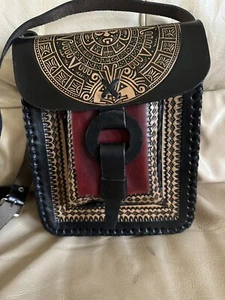 Handmade Hard Shell Tooled Leather Black Tan Red Aztec Graphic Crossbody Bag - Picture 1 of 15