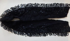 BLACK BEAD FRINGE & SEQUINS LARGE MOURNING COLLAR VINTAGE VICTORIAN ON CREPE - Picture 1 of 9