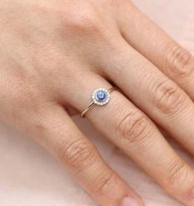 Blue Sapphire Diamond Engagement Ring 14k White Gold Cluster Simple Wedding - Picture 1 of 6