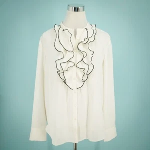 Top Ann Taylor Talla Grande L Marfil Negro Borde Volantes Abotonados Manga Larga NUEVO - Imagen 1 de 6