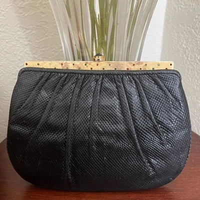 Judith Lieber Vtg Black Snakeskin Kiss Lock Gemstone & Gold Shoulder Bag Clutch - Image 1 of 4