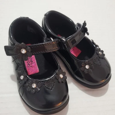 Rachel Shoes Alexia Black Baby Shoes With Floral Design And Rhinestones 3M NWOB - Image 1 of 4