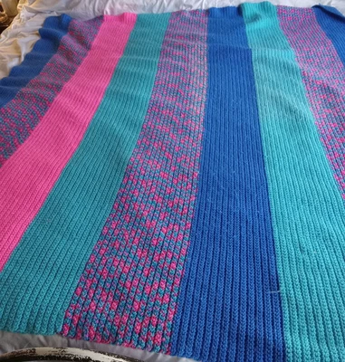 Handmade Afghan Blue Teal Pink Wide Stripe Tight Knit Twin Sz Bright Colors Boho - Image 1 of 4