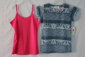 NEW Girls 2 pc Blouse Large 10 - 12 Pink Tank Top Blue Cold Shoulder Knit Shirt - Picture 1 of 3
