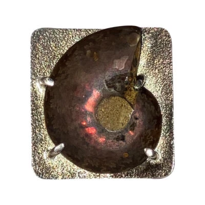 Anel de coquetel fóssil de amonita opalizada esterlina maciça - Imagem 1 de 4