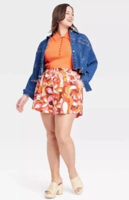 4X - Pantalones Cortos Pull-On de Lino de Tiro Alto para Mujer - Ava Viv - Naranja ¡Nuevos! Foto 1 de 4