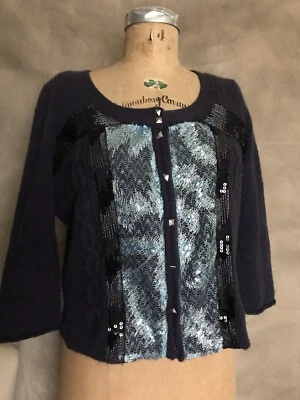 Free People женщин FUZZY шерсти кардиган свитер темно-синий блестки урожая 3/4 рукав богемное M - Изображение 1 из 4