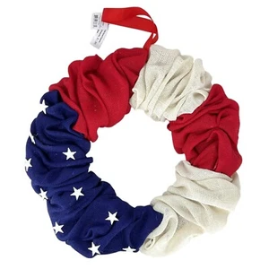 Patriotic American Flag Burlap Wreath with White Stars 18.5 Inch - Picture 1 of 6