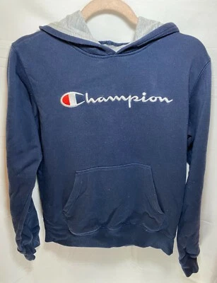 Футболка Champion для мальчиков очень большой синий пуловер с надписью с капюшоном детская молодежная - Изображение 1 из 4