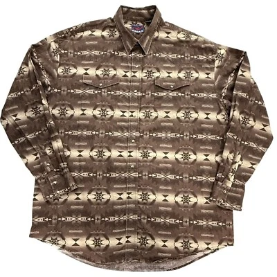 Roper Shirt Mens 2XL Aztec Print Brown Western Pearl Snap Long Sleeve Cotton - Image 1 of 4