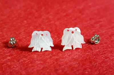 White Shell MOP Kissing Bird Stud Earrings Duo Handmade Lady Summer Vintage 8mm - Image 1 of 4