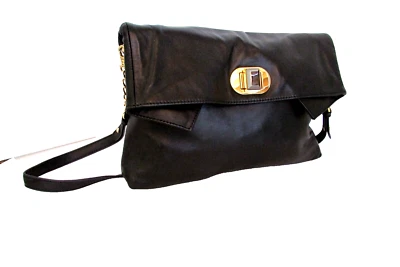 BADGLEY MISCHKA black lamb skin leather fold over twist lock large handbag-NWOT - Image 1 of 4