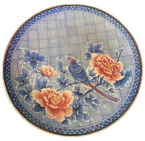 12 1/4" Vintage Asien blau und weiß Porzellan Teller mit Vogel und Blumen - Bild 1 von 3