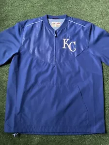 Kansas City Royals Jacket Mens L Blue 1/4 Zip Windbreaker Majestic MLB Warm Up - Picture 1 of 6