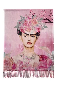 Frida Kahlo Pink Floral Portrait Tassele Scarf Pashmina Artist Multicolour Wool - Picture 1 of 4