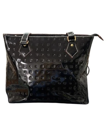 Arcadia Black Patent Embossed Shoulder Bag 2 Straps & Brown Trim Italy Leather - Image 1 of 4