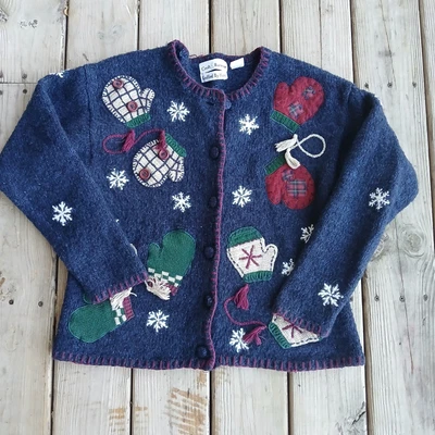 Cárdigan Suéter De Colección Tejido A Mano Seda Mohair Para Mujer M Azul Mitón Navidad  Foto 1 de 4