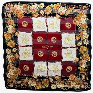 Vintage 80s Paolo Gucci Equestrian Buckle & Checkered Floral Print Silk Scarf - Picture 1 of 8