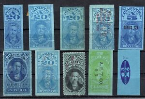 US Revenue Stamps - 10 different Cigarette stamps (E521)