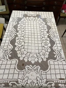 Antike Vintage Handarbeit Filet Spitze Tischdecke Elfenbein Blumen 68"x84" Baumwolle SCHNEIDER - Bild 1 von 10