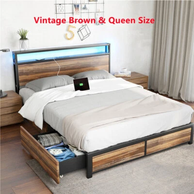 Cama Queen y Tamaño Completo Plataforma Metálica con Cajones de Almacenamiento Cabecero Puertos USB Foto 1 de 4