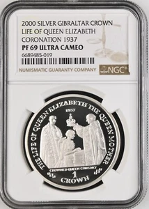 2000 GIBRALTAR SILVER 1 CROWN LIFE OF QUEEN ELIZABETH CORONATION-NGC PF69 UC - Picture 1 of 4