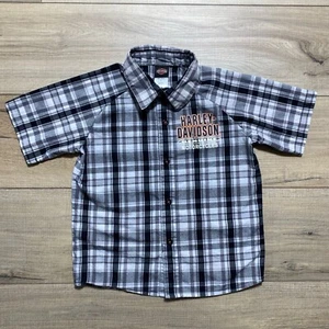 Harley Davidson Boys Plaid Short Sleeve Button Up Shirt Size 5 Gray And Black - Picture 1 of 9