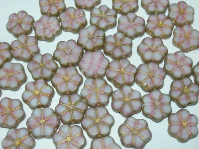15 10mm Czech Glass Pink and White with Gold Daisy Flower Coin Beads - Image 1 of 2