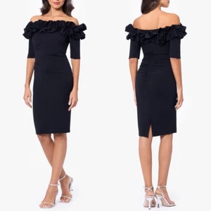 NEW XSCAPE Black RUFFLE Off The Shoulder BRYNLEIGH Scuba Crepe COCKTAIL DRESS 16 - Picture 1 of 8