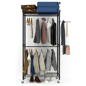 Portable Double garment Rod Heavy Duty Rolling Clothing Rack Adjustable Shelves - Picture 1 of 12