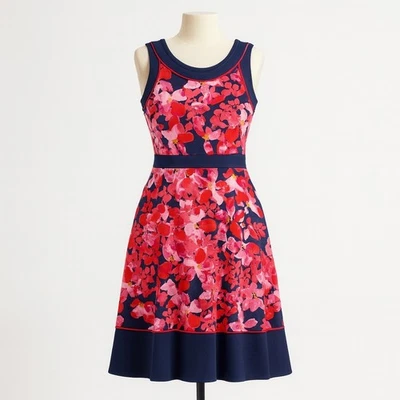 复古 Lands End 花卉修身喇叭裙无袖海军蓝粉色 8P A 字镊 — 第 1/4 张图片