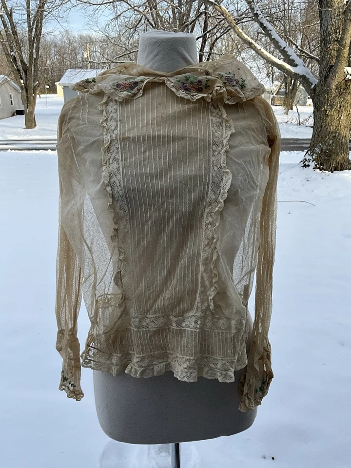 Impresionante Blusa Antigua Eduardiana Años 1900 Red Encaje Voile Corpiño Top Cintura Camisa Foto 1 de 4
