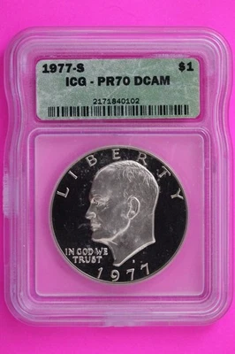 1977 S PR 70 Deep Cameo Clad Ike Eisenhower Dollar ICG Certified Graded 340 - Image 1 of 3