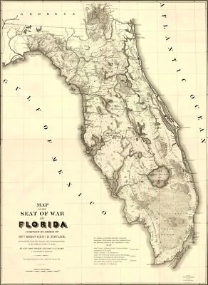 Historic War Map - Florida Second Seminole War - Stone 1839 - 23 x 31.55 - Image 1 of 4