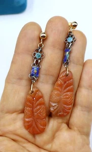 Antique vintage Chinese carved carnelian w silver enamel & gold filled screw bac - Picture 1 of 8