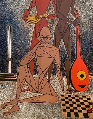 Arte de pared pintura de medios mixtos vintage de los años 50 mediados de siglo moderno firmado Patric Foto 1 de 4