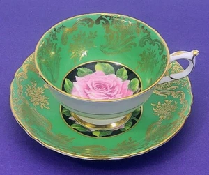Taza de té y platillo raro Paragon England rosa sobre fondo verde 777 - Imagen 1 de 5